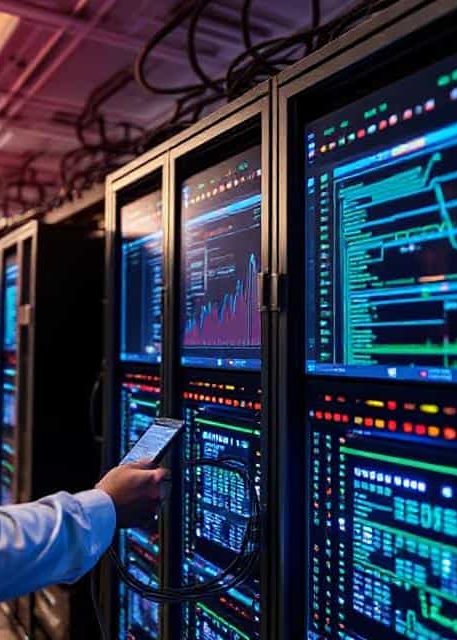 Person using a smartphone near large data servers displaying graphs and analytics.