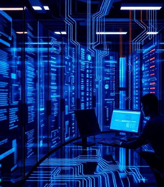 Person working on a computer in a high-tech server room with blue circuit patterns.