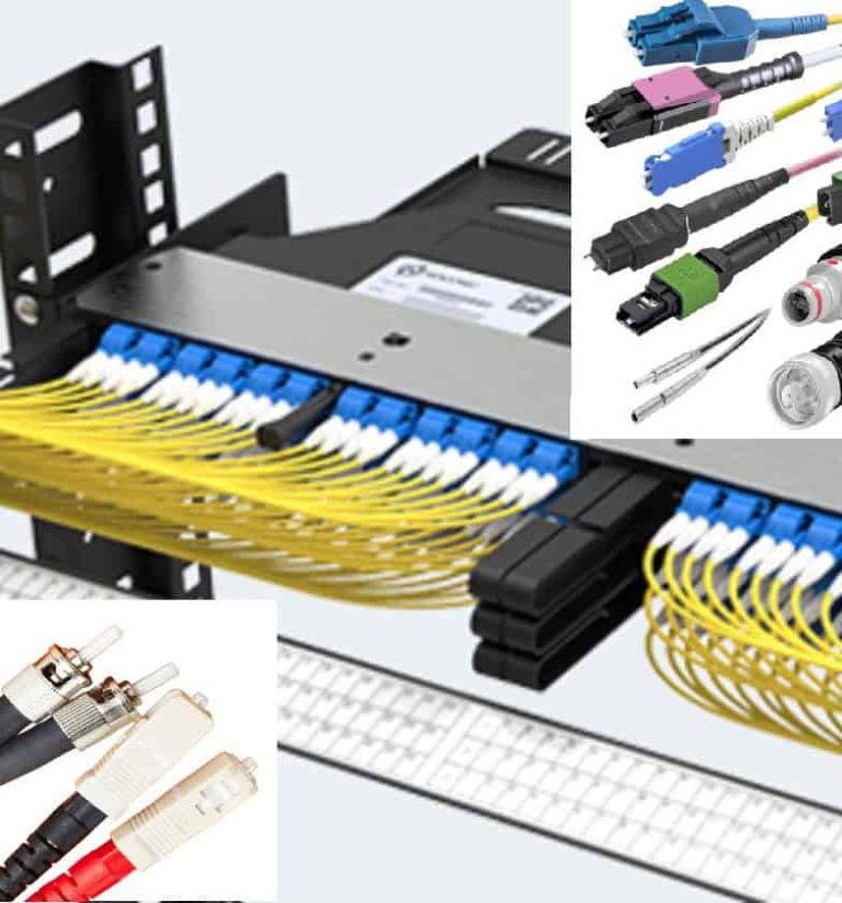 Fiber optic patch panel with various connectors and cables displayed around it.