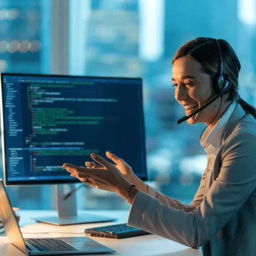 Person in formal attire using a headset while coding on a computer at a desk.