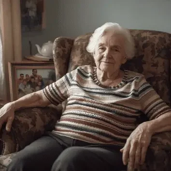 Silvia F Elderly woman sitting in a patterned chair, smiling warmly, with family photos nearby.