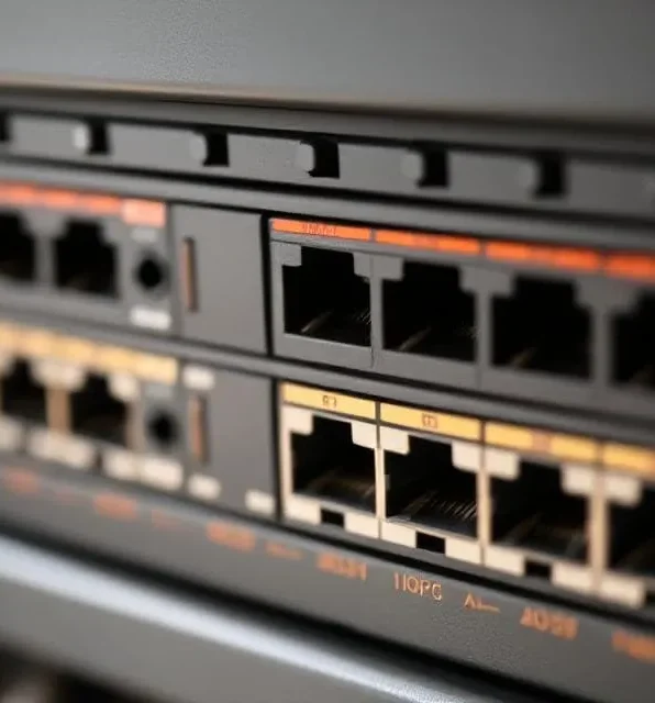Close-up of network ports on a black electronic device.
