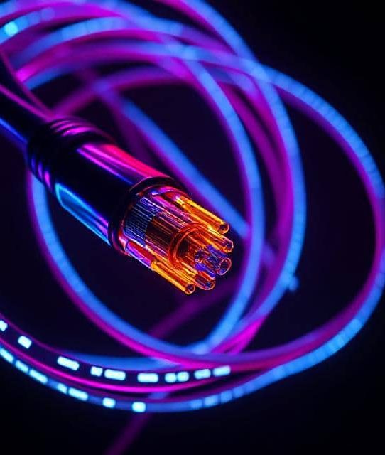 coaxial cable A close-up of a vibrant, illuminated fiber optic cable with colorful light patterns.