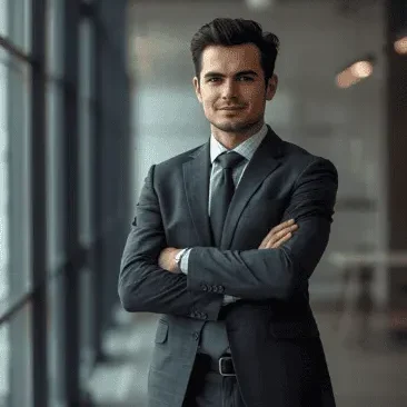 Alex G Confident man in a suit standing with arms crossed in a modern office setting.