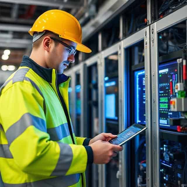 Network Maintenance A worker in a hard hat and safety jacket uses a tablet near server equipment.