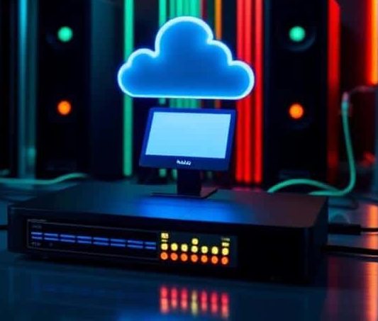 Cloud computing symbol above a digital device with colorful LED lights and a small monitor.