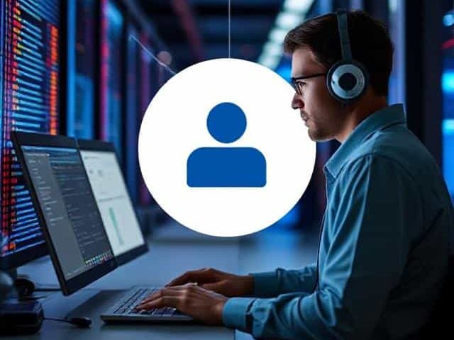 Person wearing headphones, working on a computer in a server room.