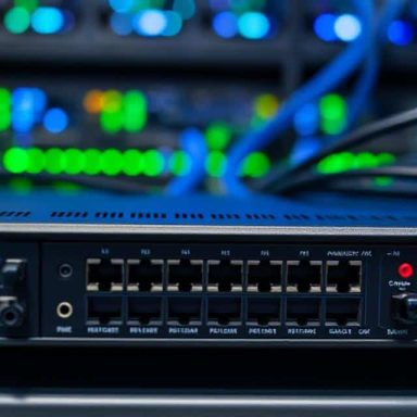 Network switch with multiple Ethernet ports and LED indicators.