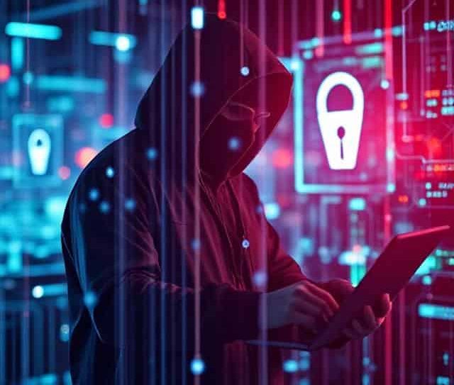 A hooded figure uses a tablet amidst a futuristic digital landscape with security patterns.