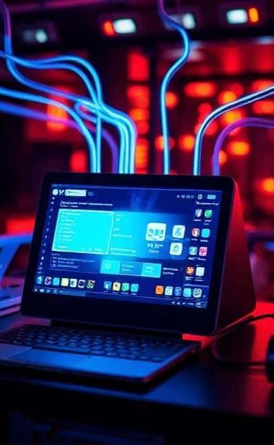 A laptop displaying a blue-themed interface with illuminated cables in a dim environment representing fiber optic installers in Rochester NY