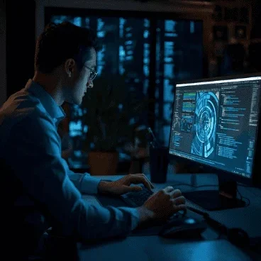 Person coding on a computer in a dimly lit, modern workspace.