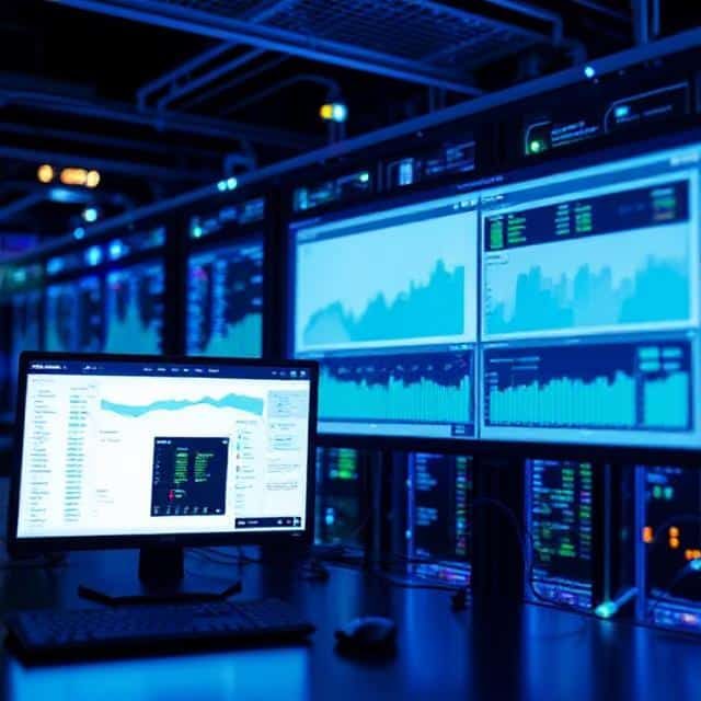 A dark server room with multiple screens displaying data graphs and statistics.