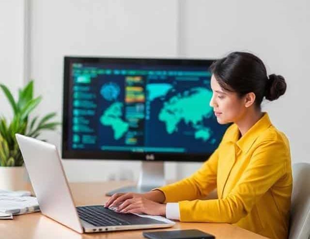 It Services A dark room filled with glowing computer screens and tangled cables.