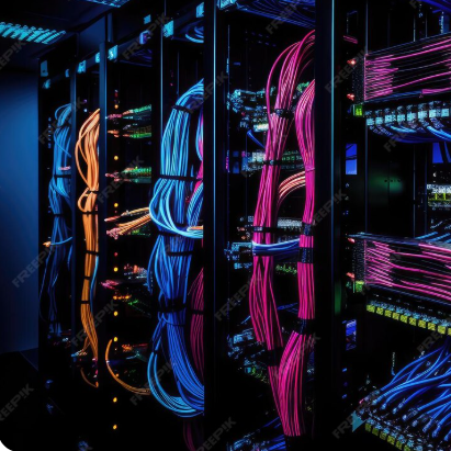 Professional Install Server room with colorful cables and glowing lights on black racks.