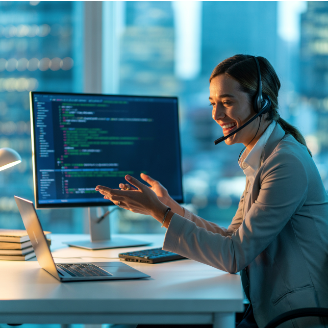 Person in a headset engaging with code on a computer screen in a modern office.