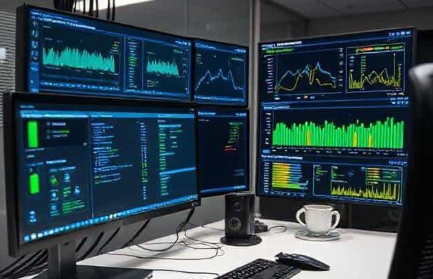 Device & Network Monitoring Multiple computer monitors displaying various data charts and analytics in a modern office.
