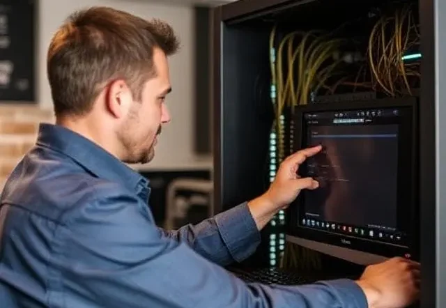 Technician working on a server rack, adjusting settings on a touchscreen monitor.