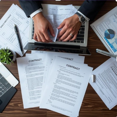 Hands typing on a laptop surrounded by contract documents and a plant.