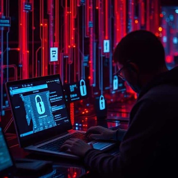 Person using a laptop in a dimly lit room with red LED lights and digital security symbols.