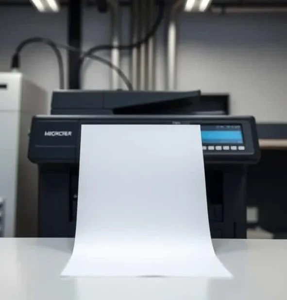 A black printer with a blank sheet of paper being ejected from it.