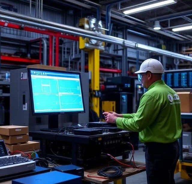 Worker in a green shirt operating a computer in a warehouse setting.