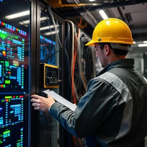 On-site support A technician in a hard hat reviews data on a control panel in a server room.