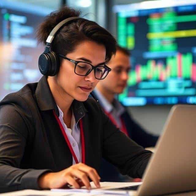 Woman in headphones working on a laptop in a financial trading environment.
