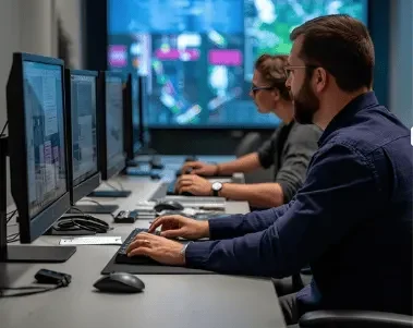 Two people working at computers, focused on digital screens in a modern workspace.