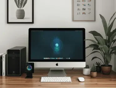A modern workspace with an iMac, keyboard, and decorative plants on a wooden desk.