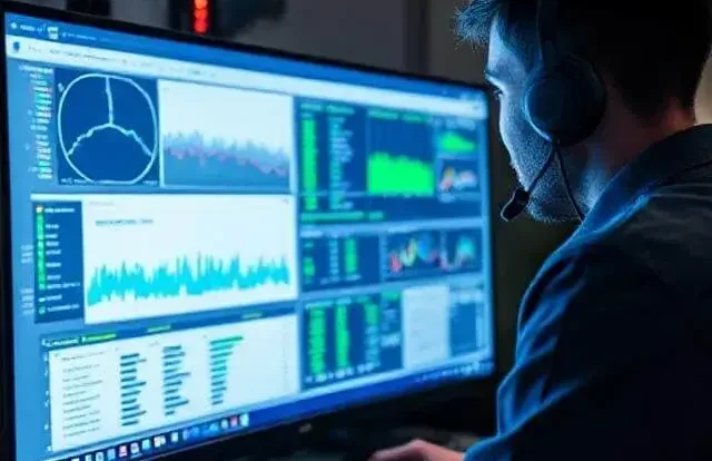 Remote Technical Services Person analyzing data on multiple computer screens with graphs and charts.