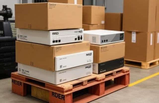 Hardware Curation Services Stack of cardboard boxes on a wooden pallet in a warehouse setting.