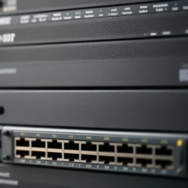 Close-up of network equipment with a focus on a switch and router interfaces.