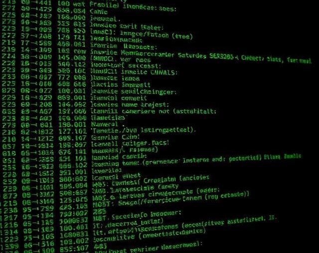 Text on a black background displaying green computer code and system information.