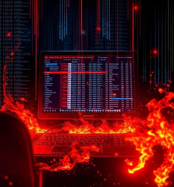 Legacy asset decommissioning Cor represented by a laptop with red glowing data on the screen, surrounded by abstract red digital effects.