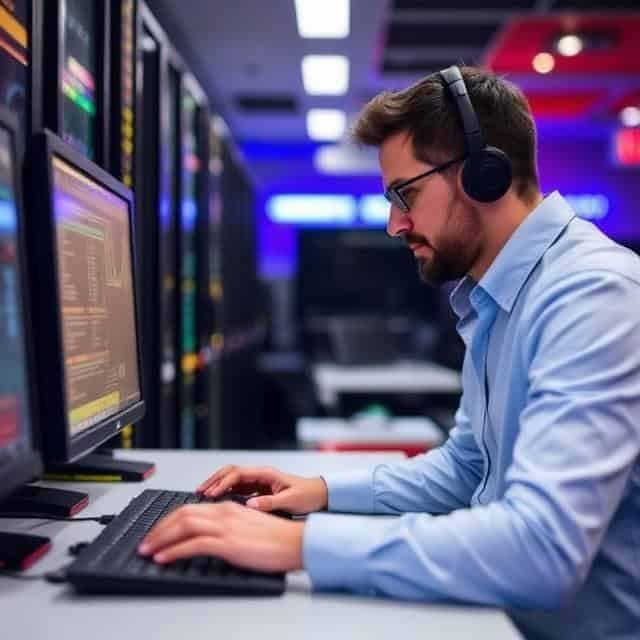 Man wearing headphones working on a computer in a server room with colorful lights.