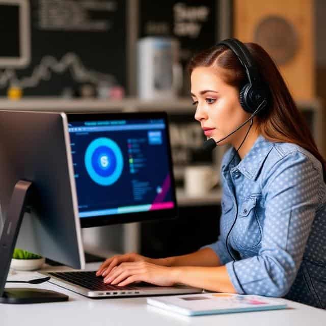 Woman in a headset working on a computer with graphs and charts on the screen.