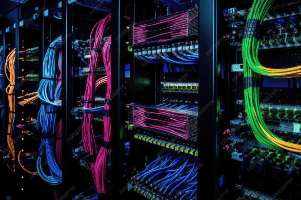 Cable Color Mapping Colorful network cables arranged in a server rack with blue lighting.