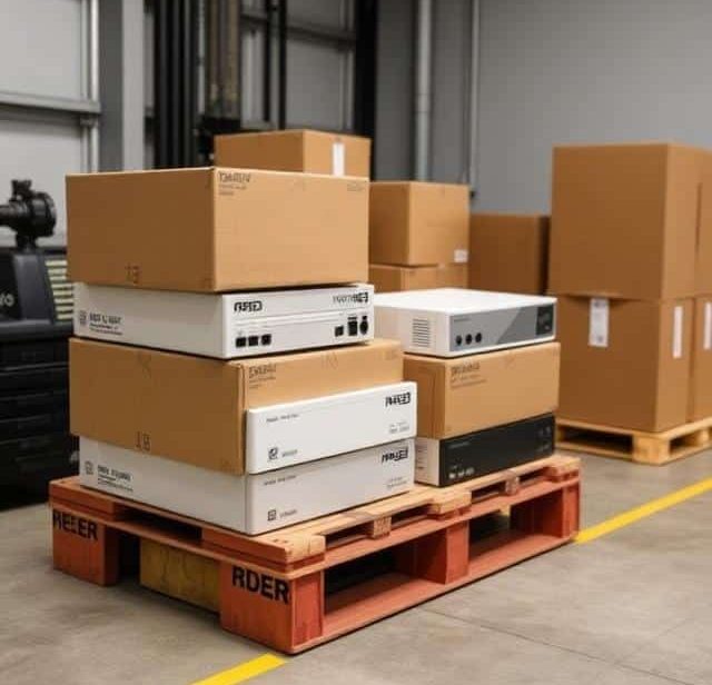Stacks of cardboard boxes on a wooden pallet in a warehouse setting.