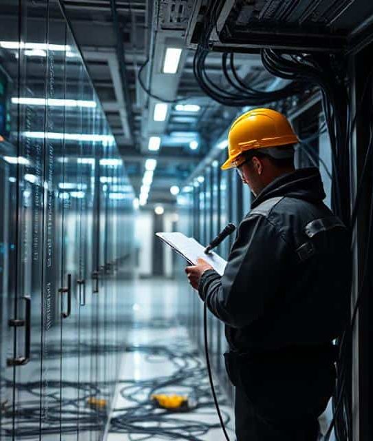 A worker in a hard hat reviews papers in a server room filled with cables.