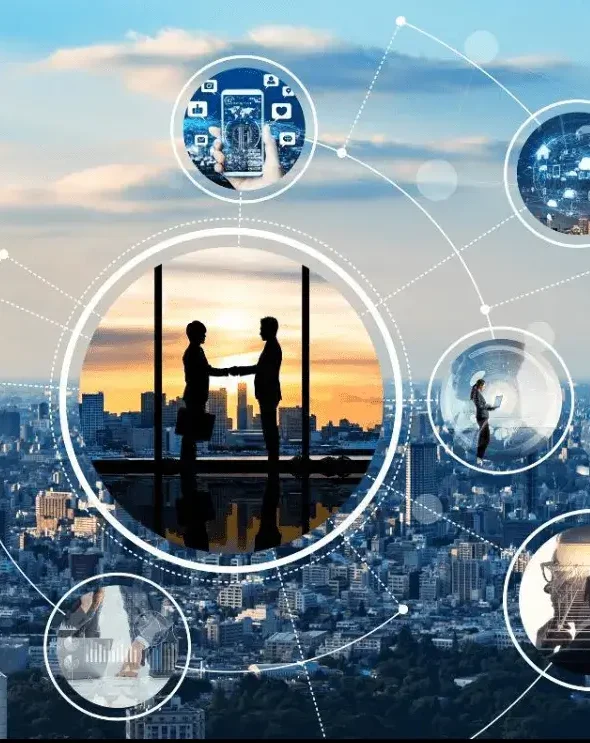 Silhouetted figures shaking hands with cityscape and technology-themed icons in the background.
