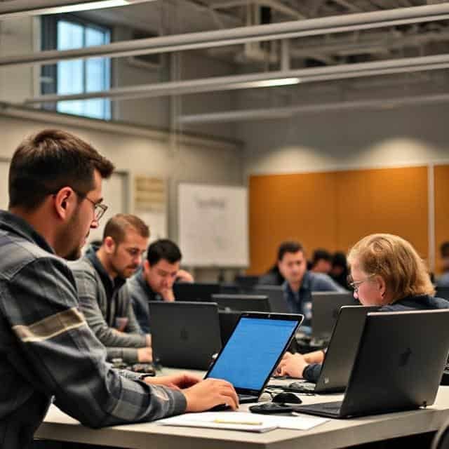 Group of people working on laptops in a modern classroom or meeting space.