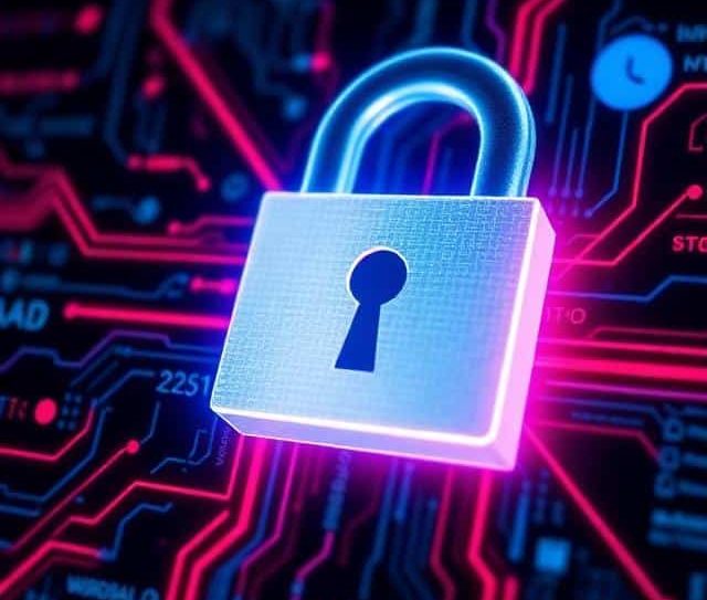 A glowing padlock on a circuit board background representing cybersecurity.