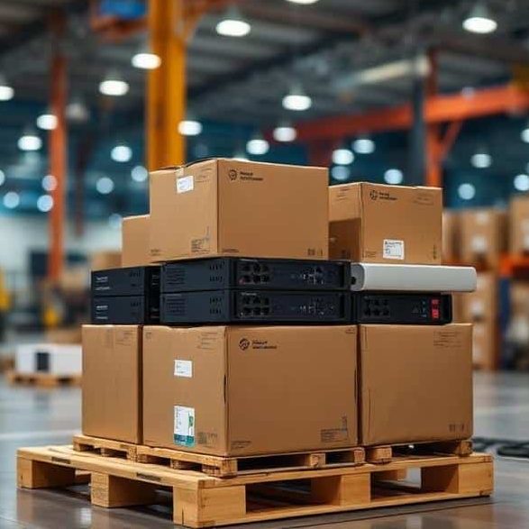 Pallet stacked with cardboard boxes and equipment in a warehouse setting.