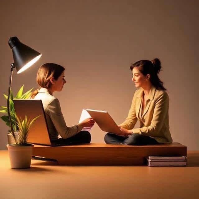 Two women sitting on a platform, exchanging documents, with a lamp and a plant nearby.