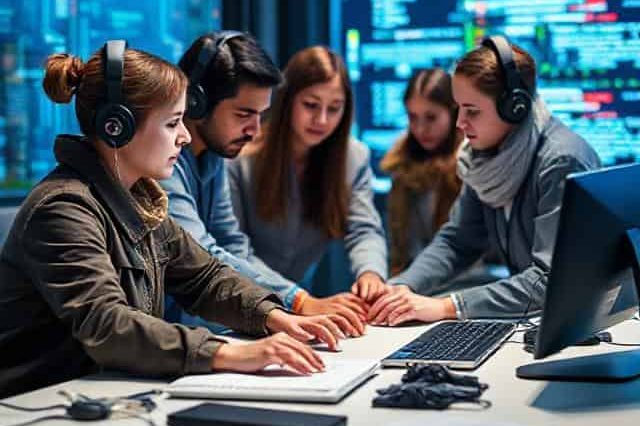 Education and training Group of five people collaborating around a computer with headphones on.