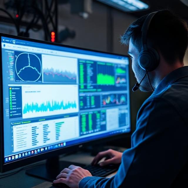 Person wearing a headset analyzing data on multiple computer screens in a dimly lit room.