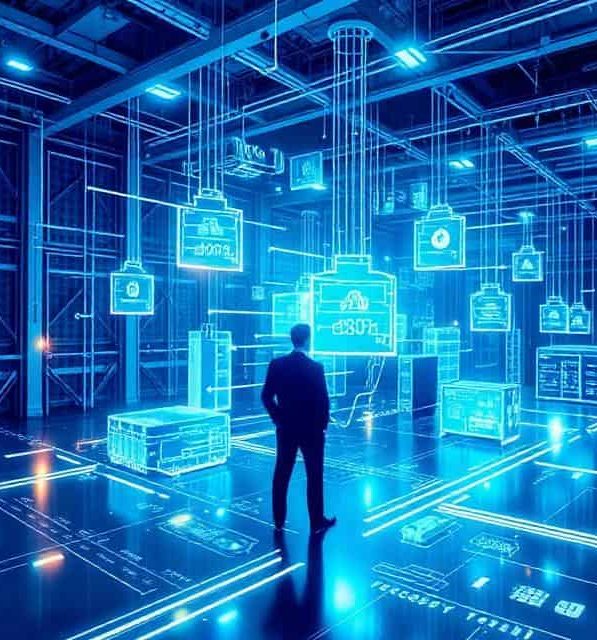 A person stands in a futuristic data center with glowing tech icons and digital connections sybolizing Asset recovery Rochester NY