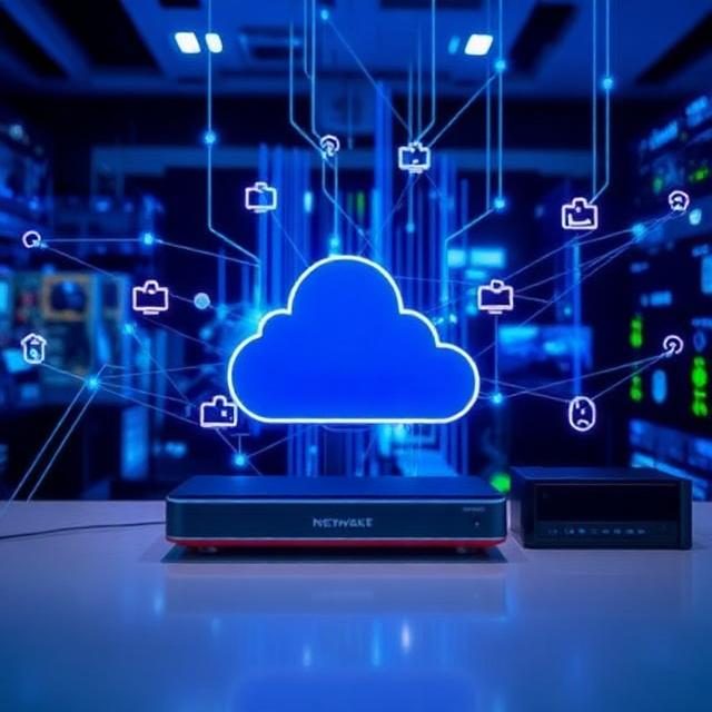 Cloud computing concept with a router and digital network elements in a high-tech setting showing IT Asset Disposition