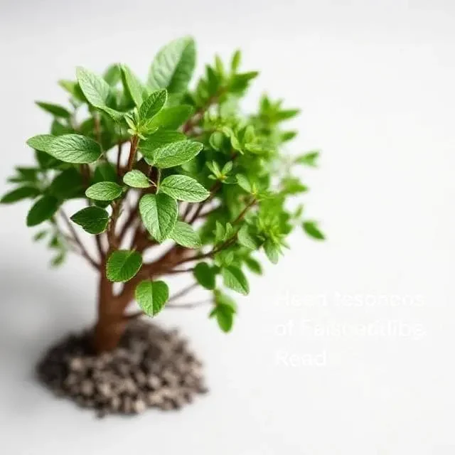 Small potted tree with lush green leaves and a textured soil base.