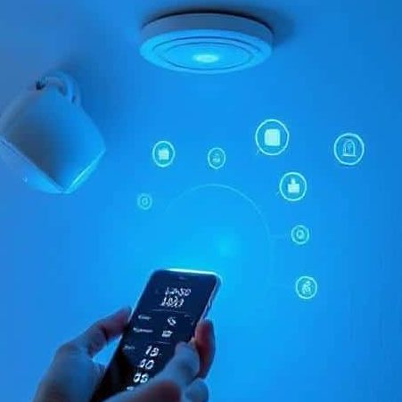 A hand holding a smartphone with blue icons projected on a wall.